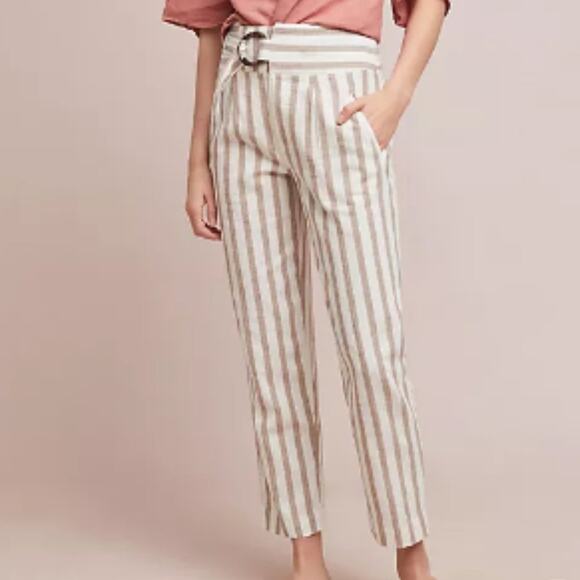 Anthropologie oasis striped linen pants cream tan cropped Size 6 - Picture 11 of 11